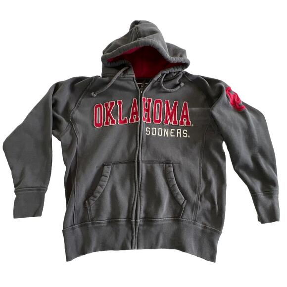 Oklahoma Sooners Hoodie Sweatshirt Embroidered Spellout Distressed Small Gray - Picture 1 of 9